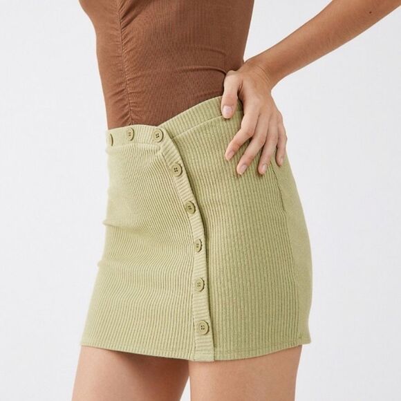 Urban Outfitters UO Claira Ribbed Side Button Knit Sage Green Mini Skirt Small - Picture 3 of 8